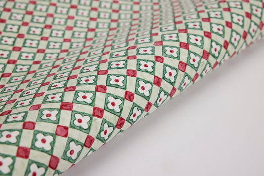 Block printed wrapping paper in Floral Checks Sage