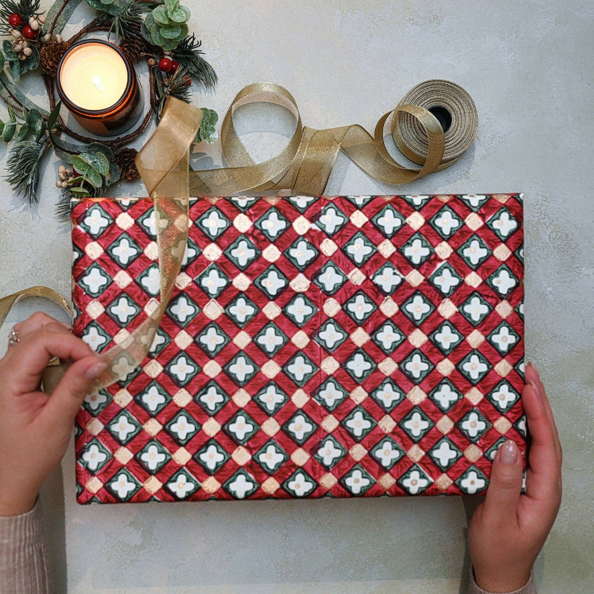 Block printed wrapping paper in Floral Checks Scarlet