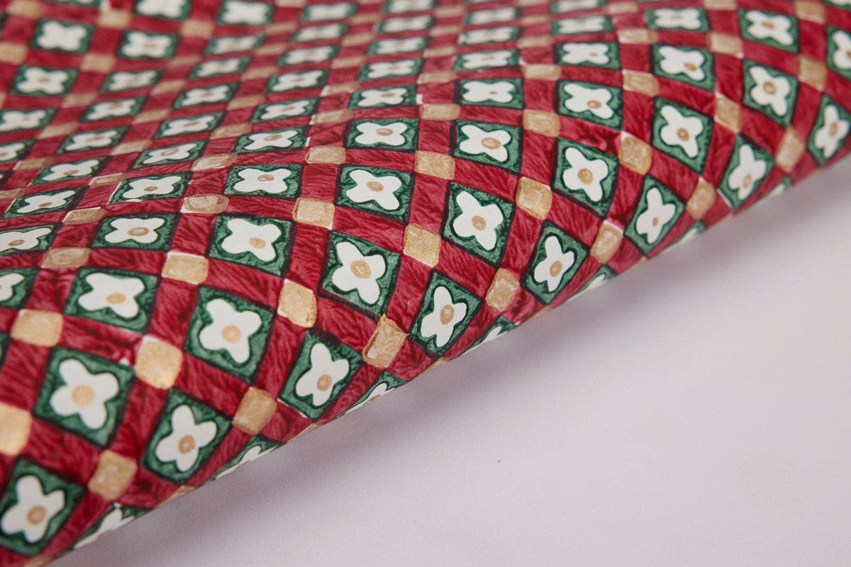 Block printed wrapping paper in Floral Checks Scarlet
