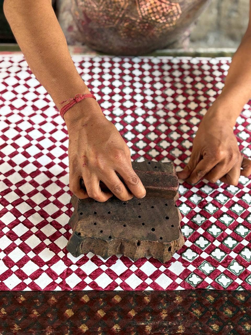 Block printed wrapping paper in Floral Checks Scarlet