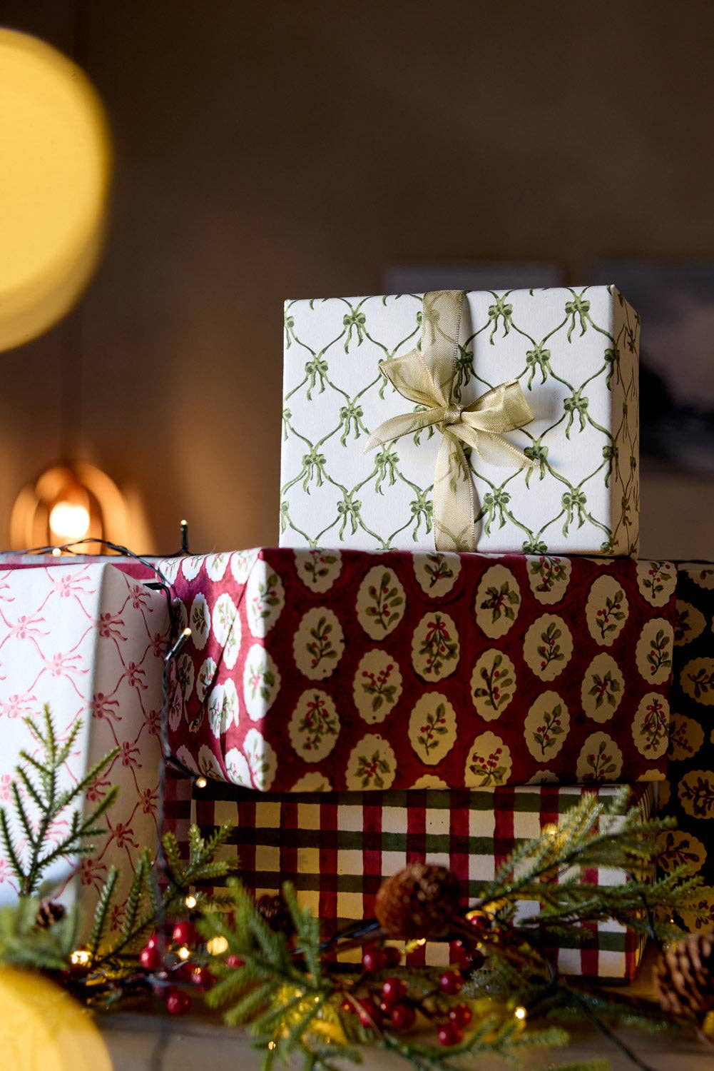 Block printed wrapping paper in Scallop Tiles Christmas Pudding