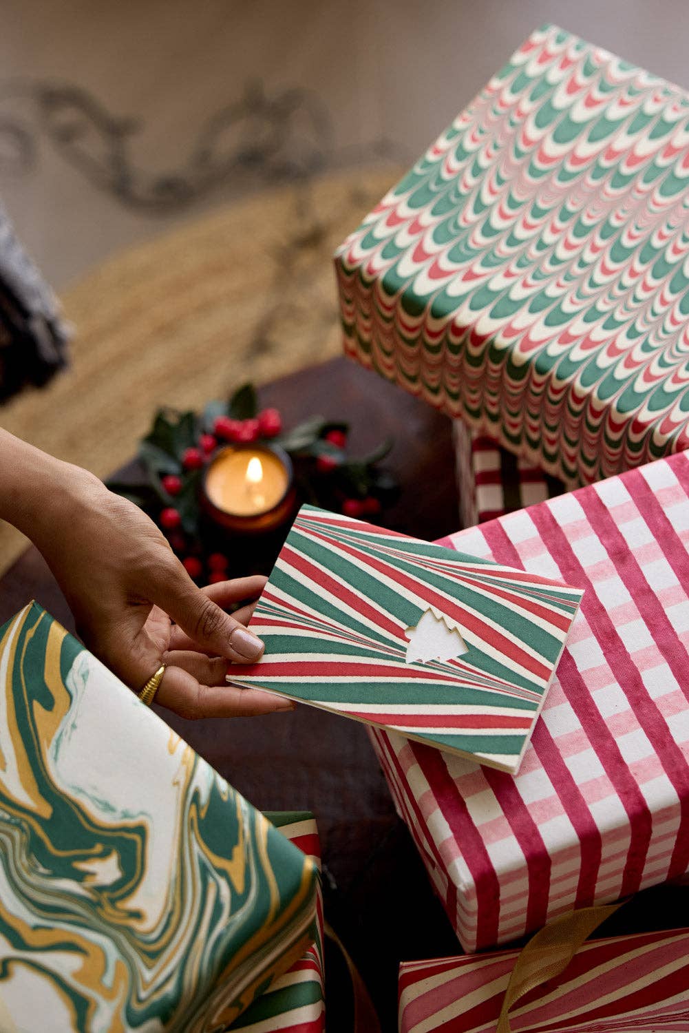 Hand marbled wrapping paper in Free Spirit Conifer