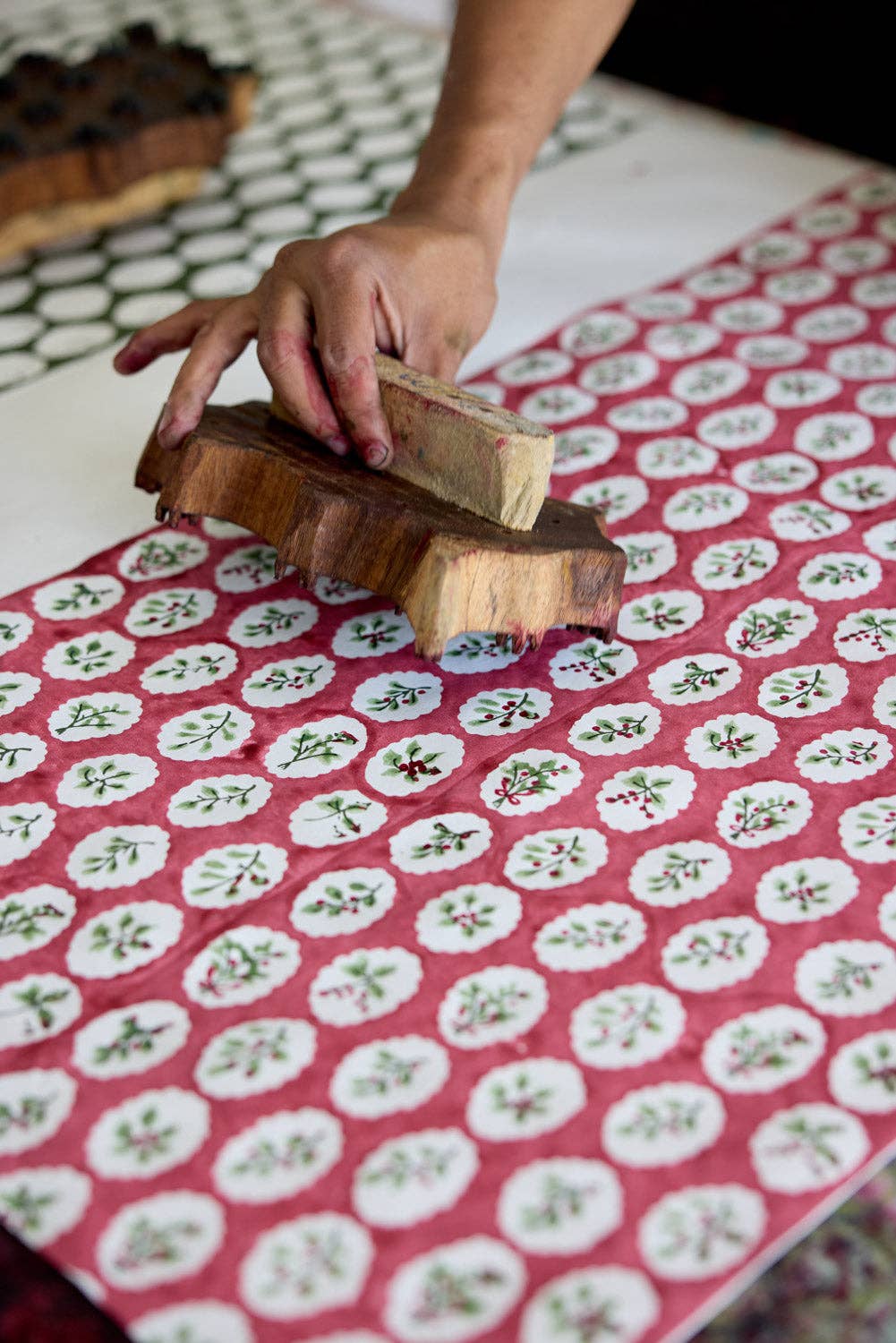 Block printed wrapping paper in Scallop Tiles Christmas Pudding