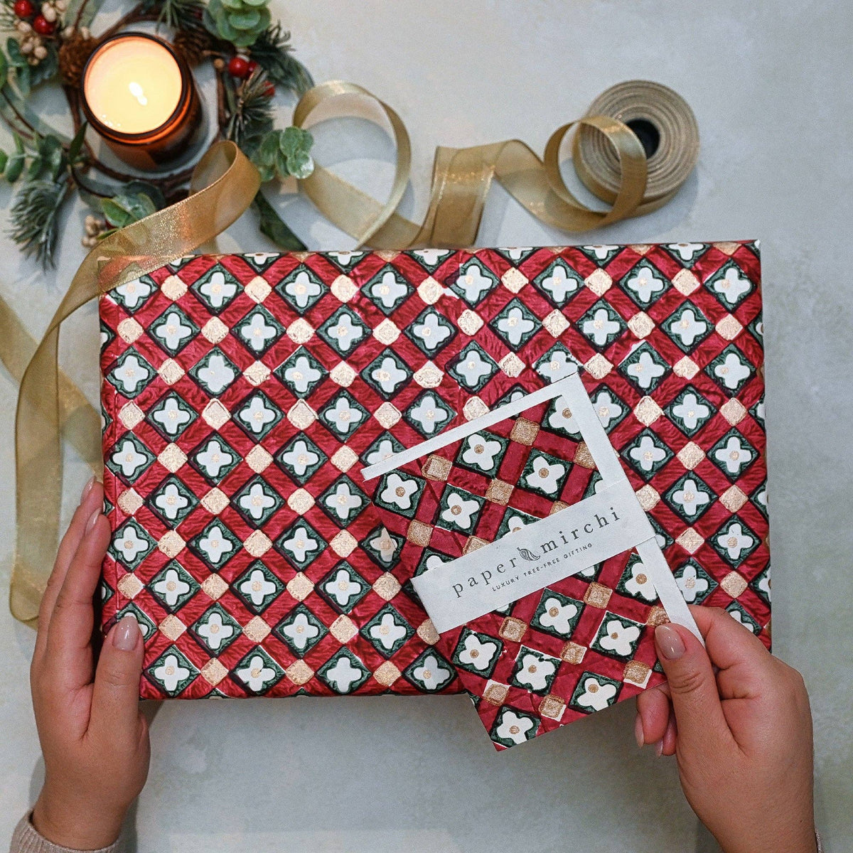 Block printed wrapping paper in Floral Checks Scarlet