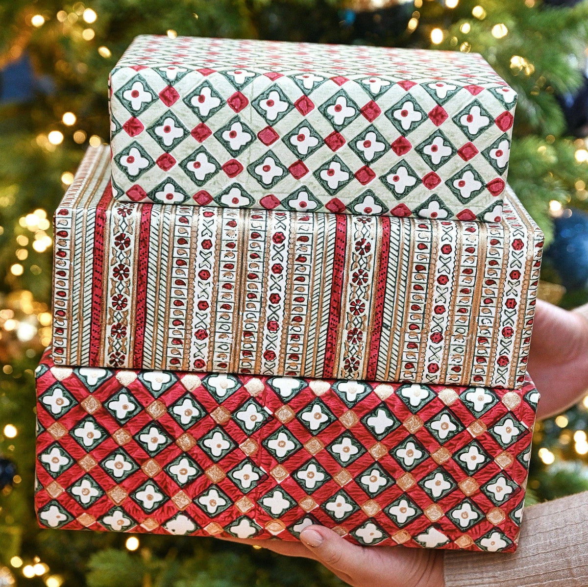 Block printed wrapping paper in Floral Checks Sage