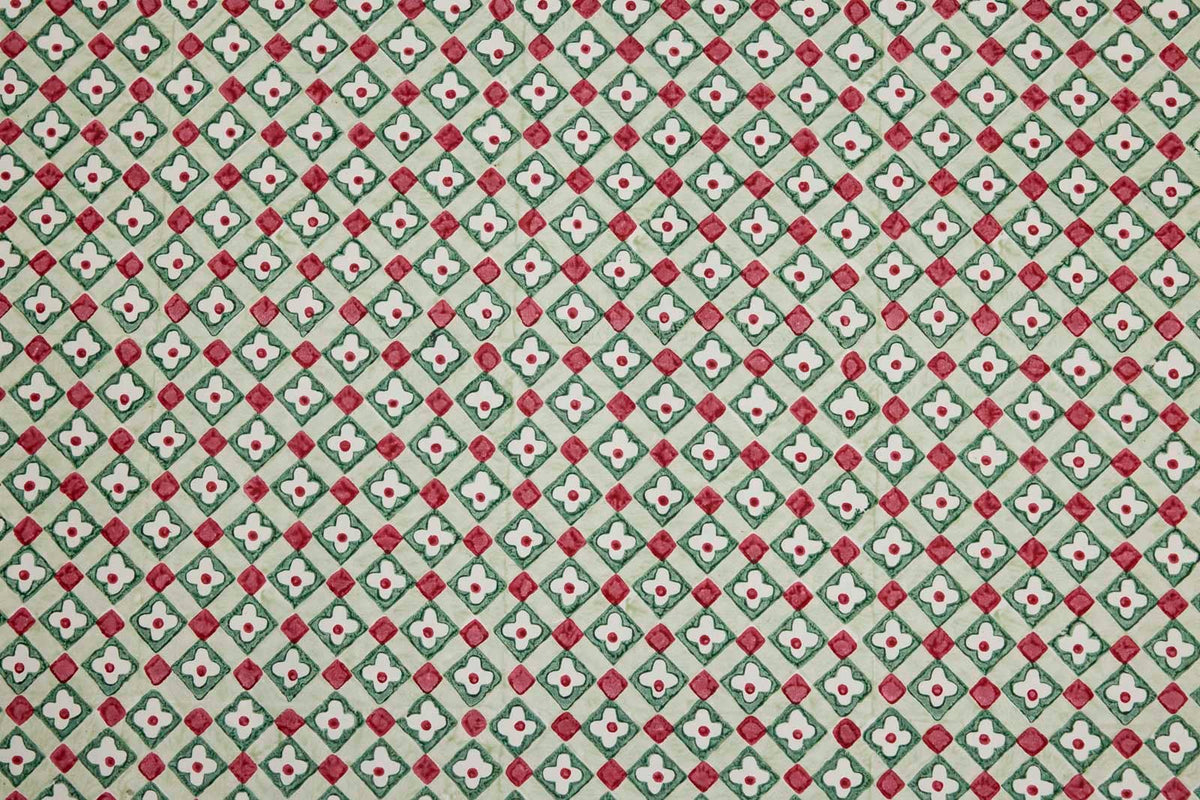 Block printed wrapping paper in Floral Checks Sage