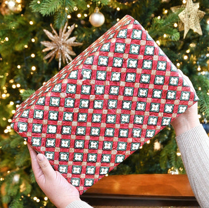 Block printed wrapping paper in Floral Checks Scarlet