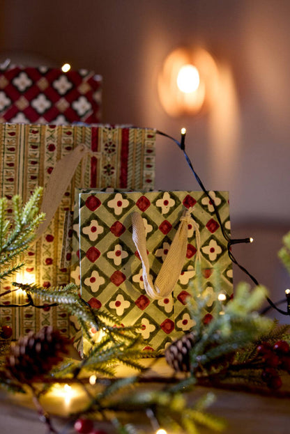 Block printed Christmas gift bags in medium