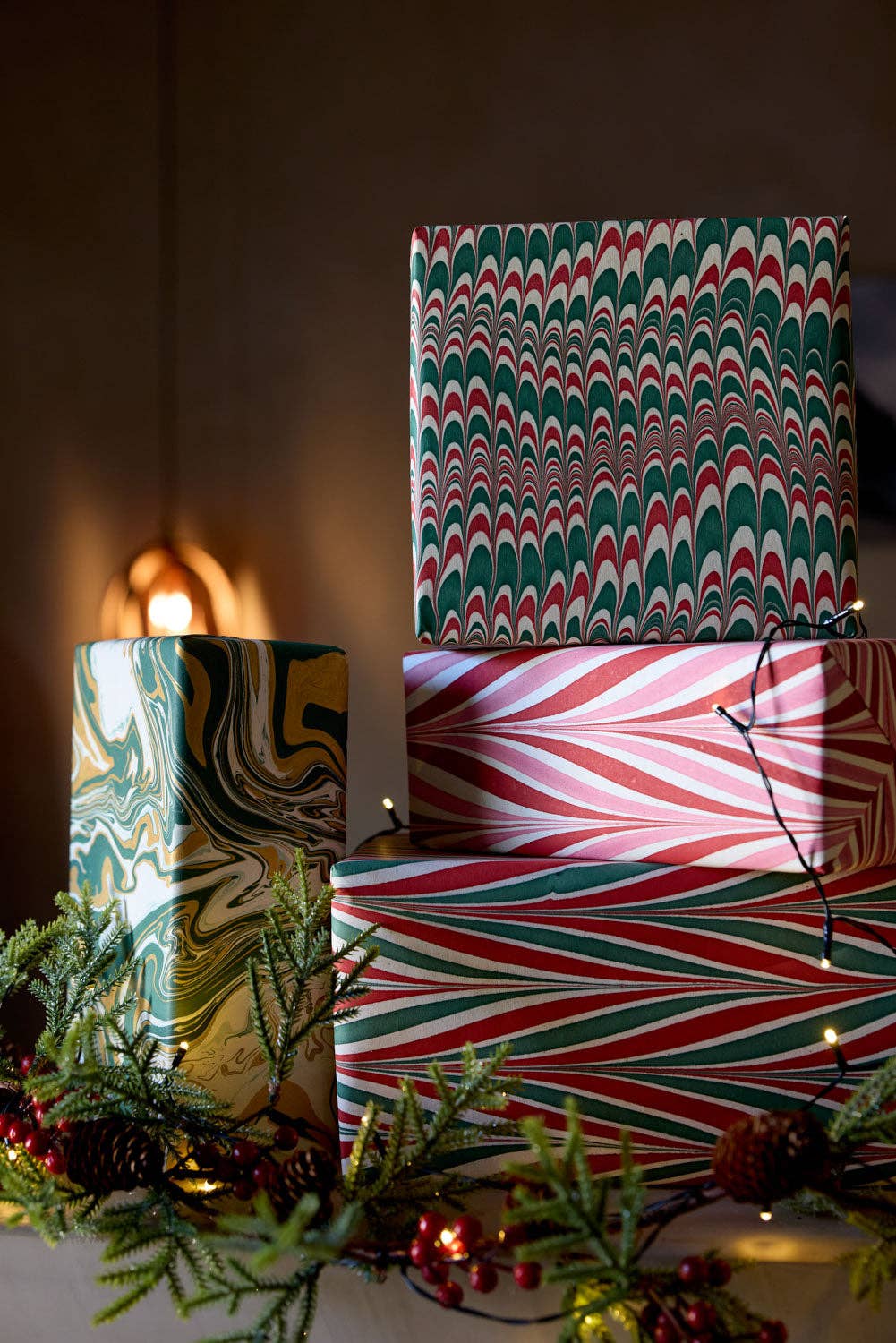 Hand marbled wrapping paper in Free Spirit Conifer