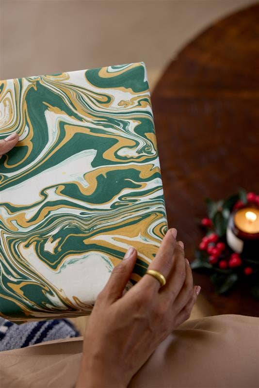 Hand marbled wrapping paper in Free Spirit Conifer