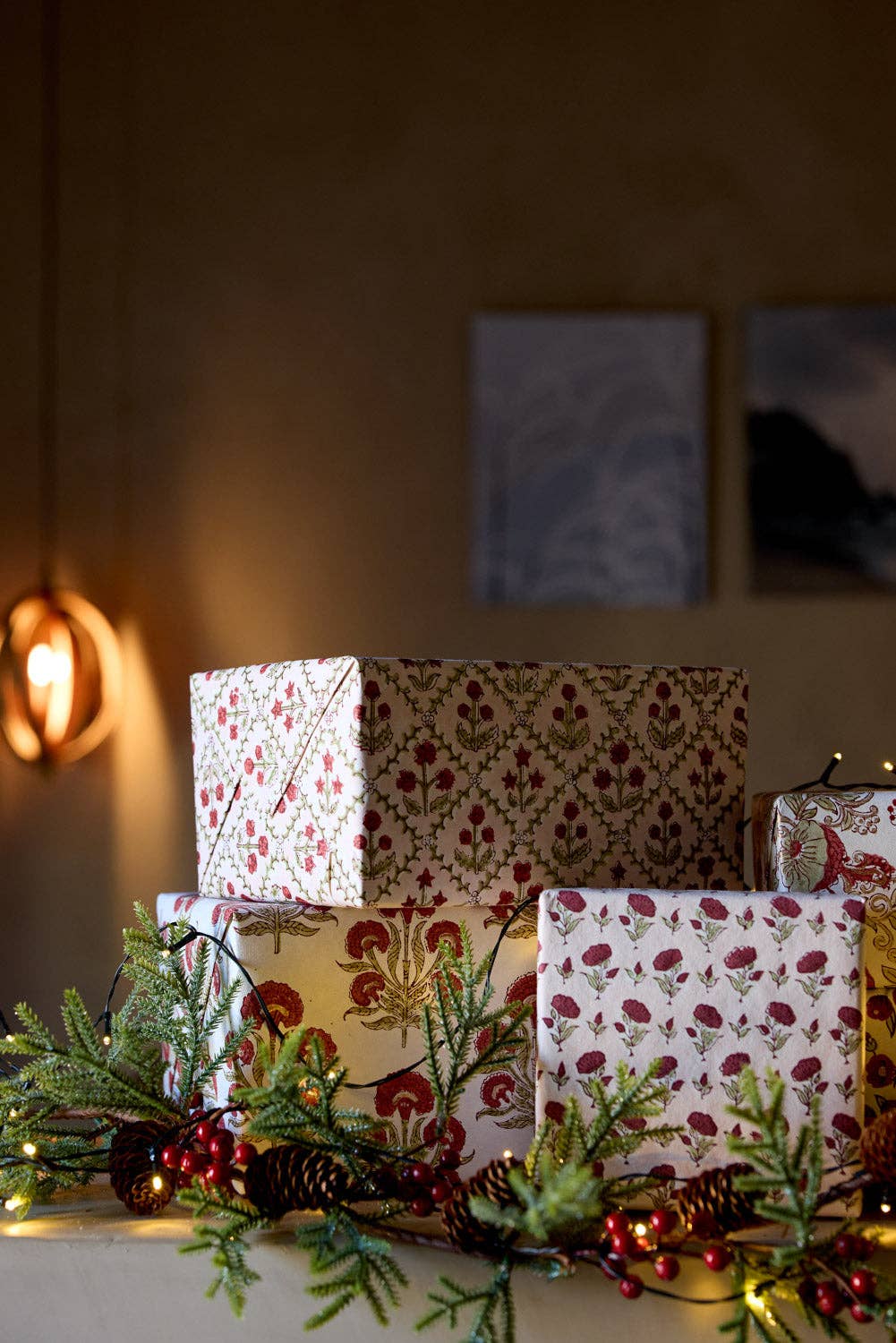 Block printed wrapping paper in Ditsy Floral Scarlet