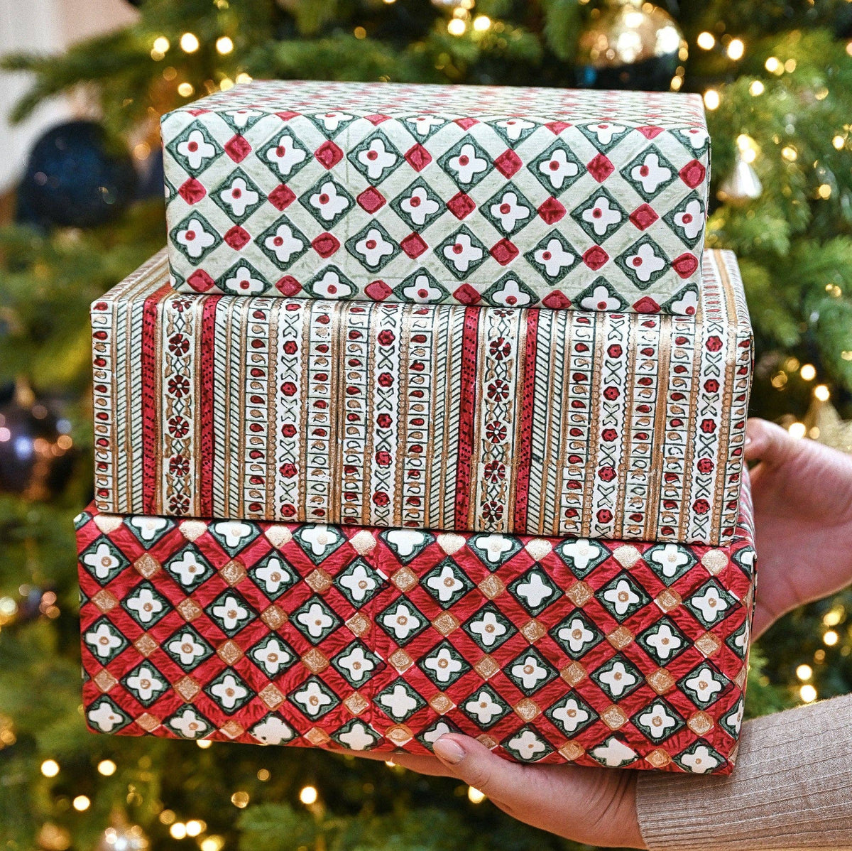 Block printed wrapping paper in Floral Checks Scarlet