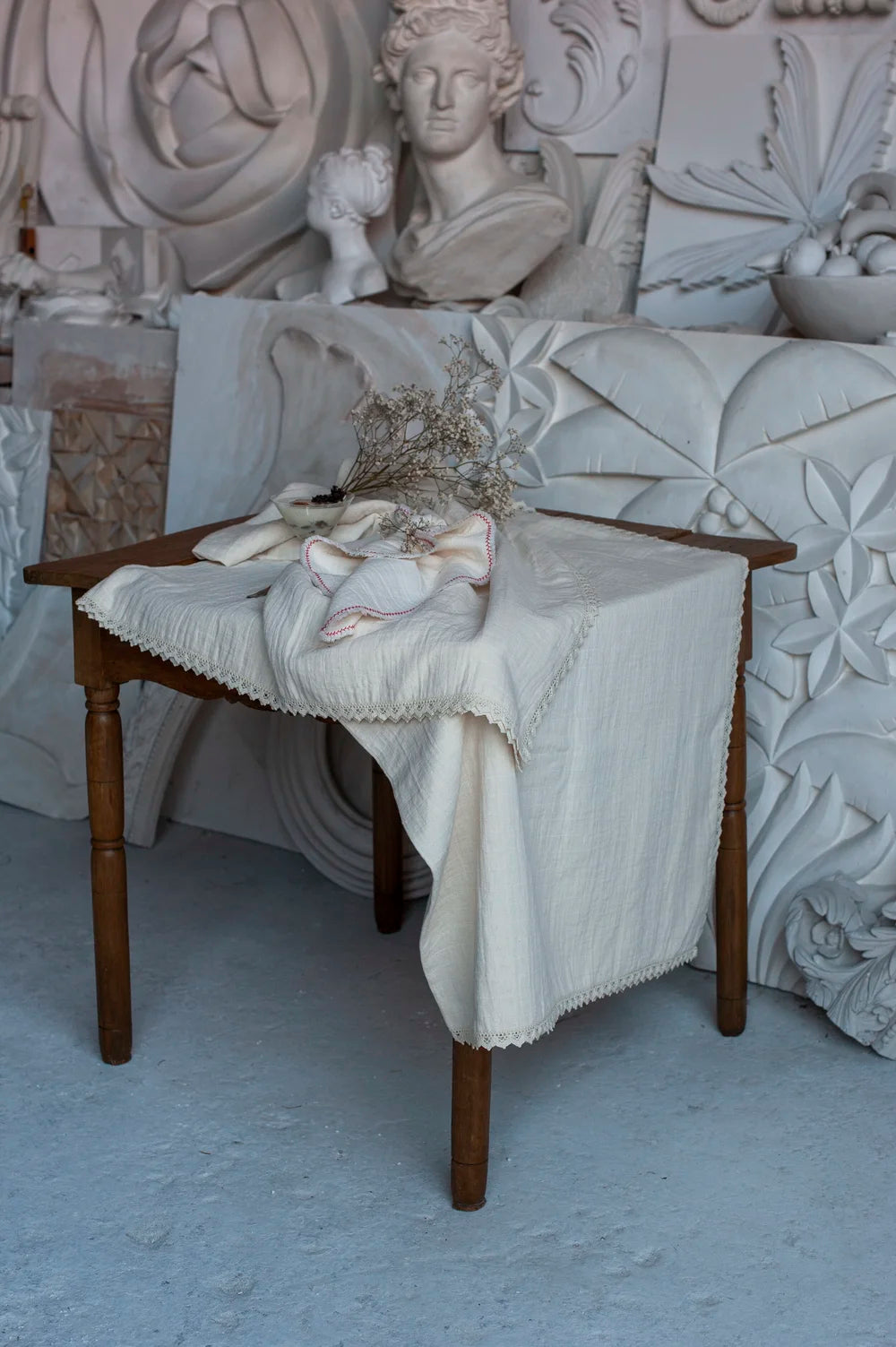Portuguese cotton tablecloth with pointelle lace by Bicla