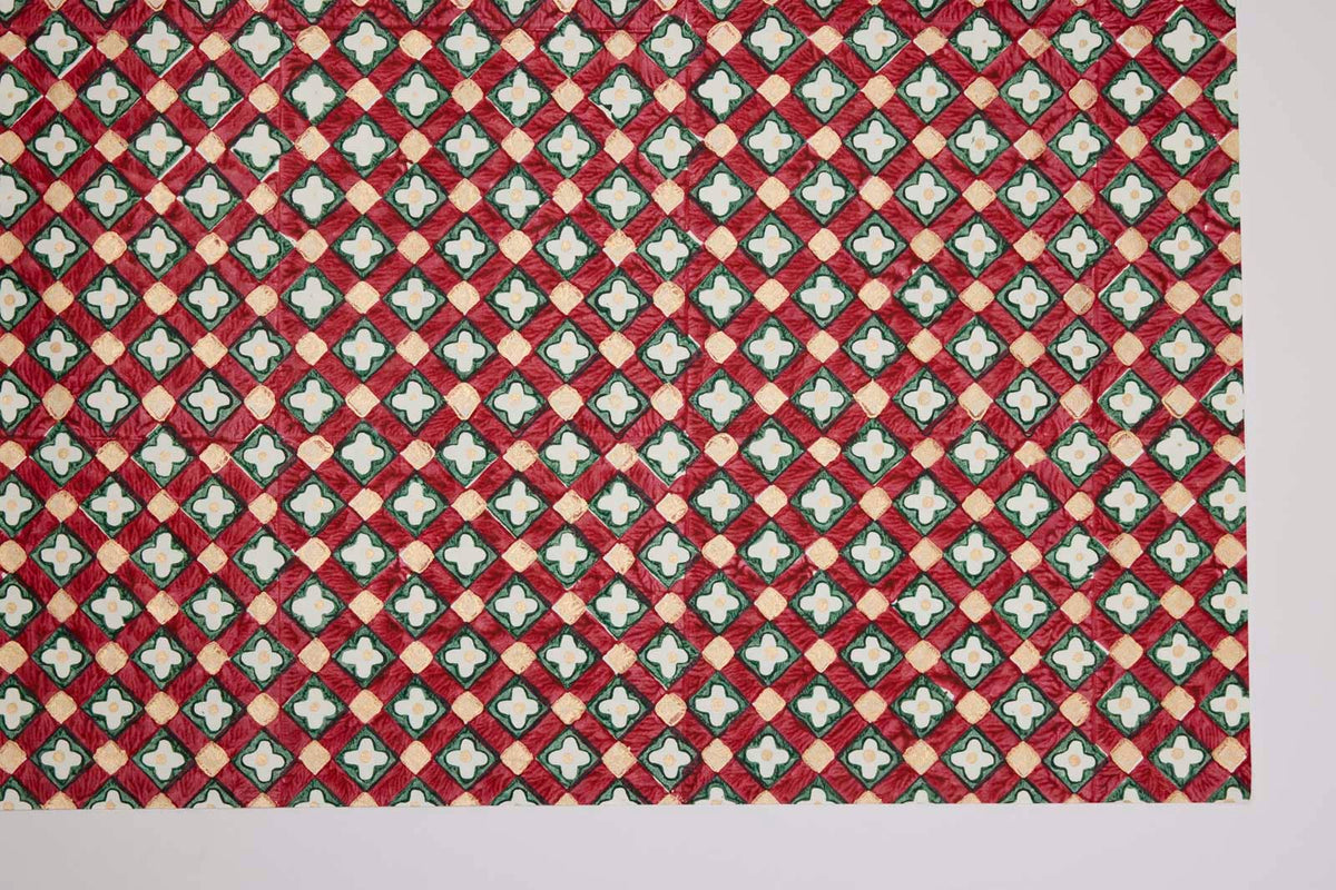 Block printed wrapping paper in Floral Checks Scarlet