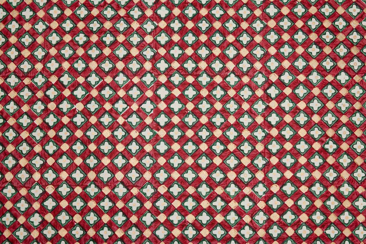 Block printed wrapping paper in Floral Checks Scarlet
