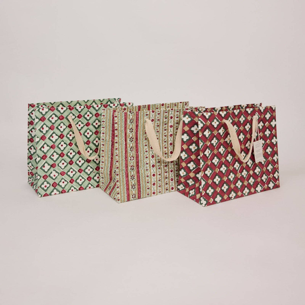 Block printed Christmas gift bags in medium